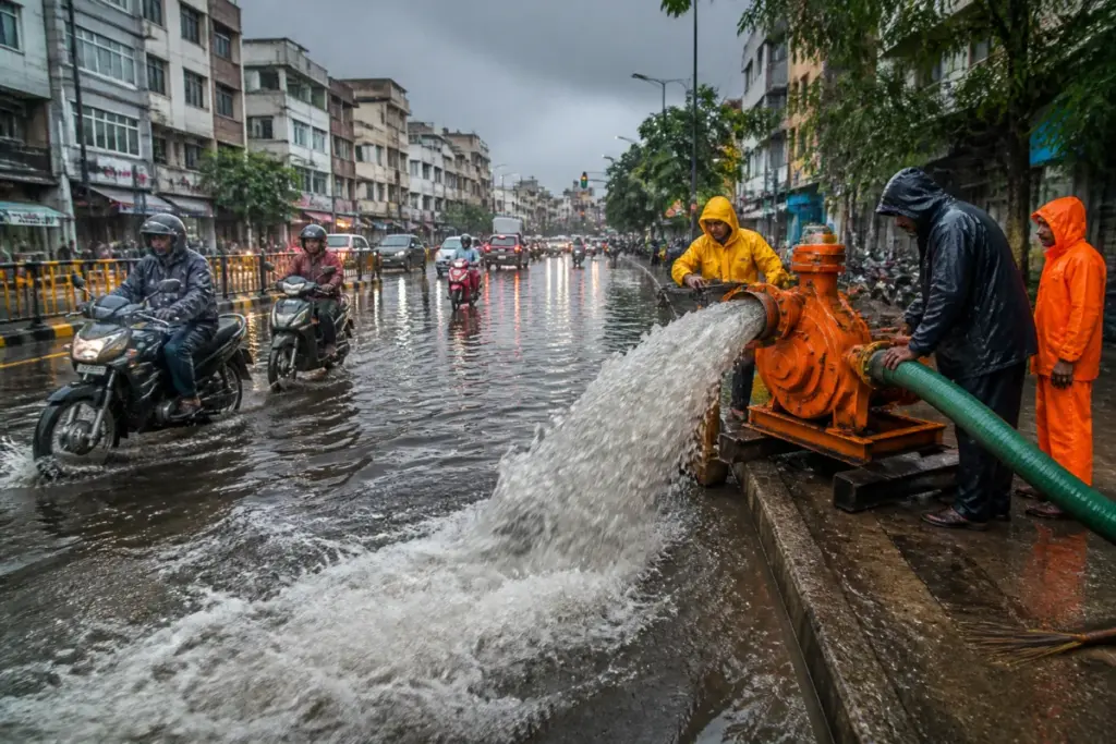 Chennai rainfall flooding a city road as civic workers operate a water pump