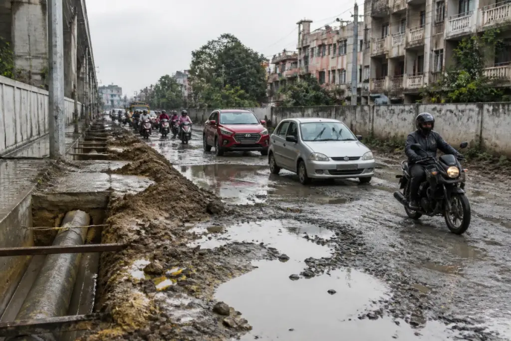 Mud-covered Tambaram-Velachery Road in Chennai damaged by ongoing pipeline work and rain.