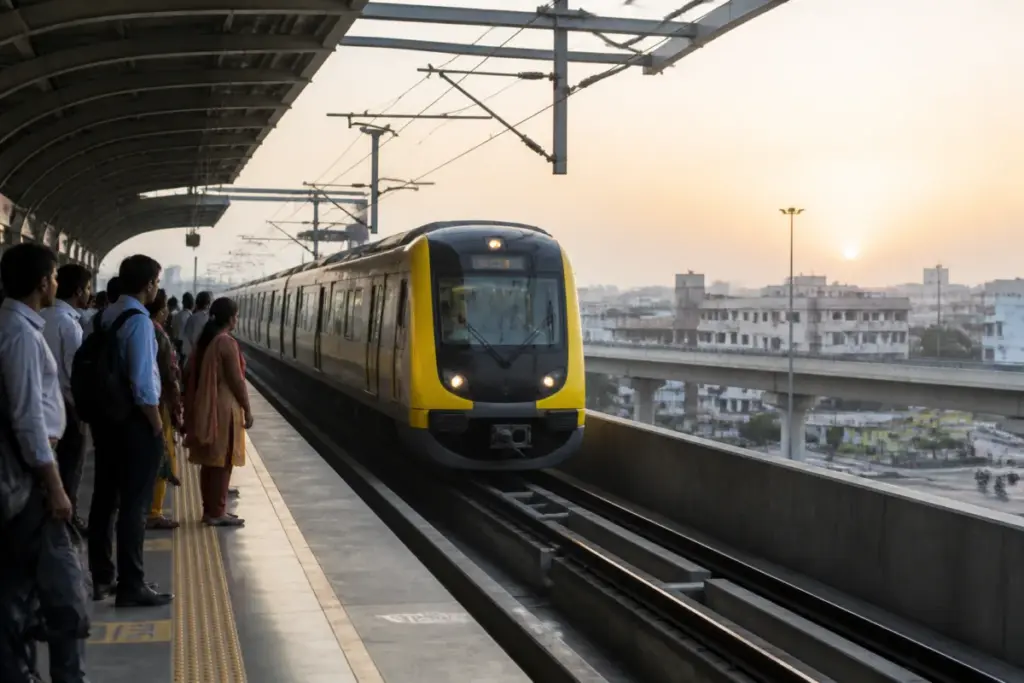Chennai Metro Yellow Line train serving an elevated station on the Poonamallee-Vadapalani route