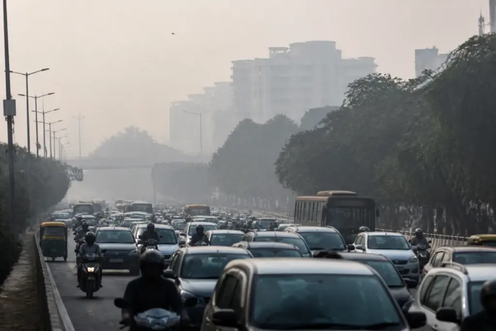 Delhi air pollution over a traffic-heavy road under a hazy October sky