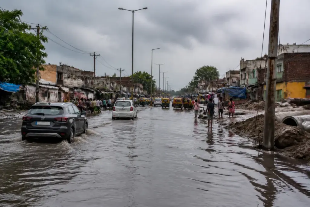 Delhi waterlogging on a flooded Chhatarpur road during monsoon rainfall