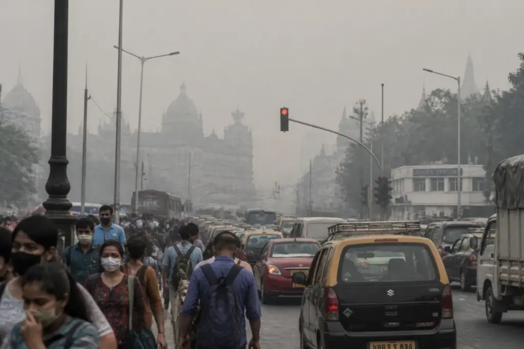 Mumbai air pollution and smog obscuring a busy South Mumbai street