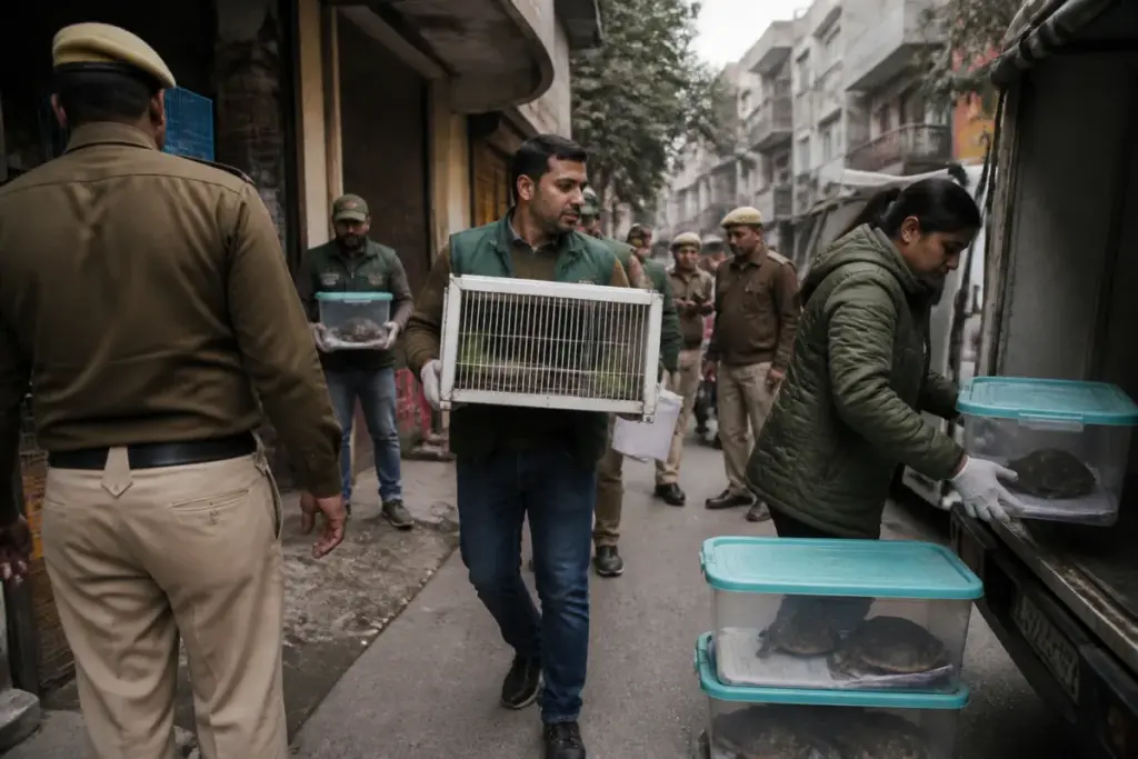 Moti Nagar wildlife rescue of protected birds and turtles recovered from a Delhi pet shop