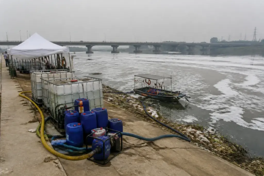 DJB Yamuna defoamer equipment set up near the Kalindi Kunj riverbank in Delhi