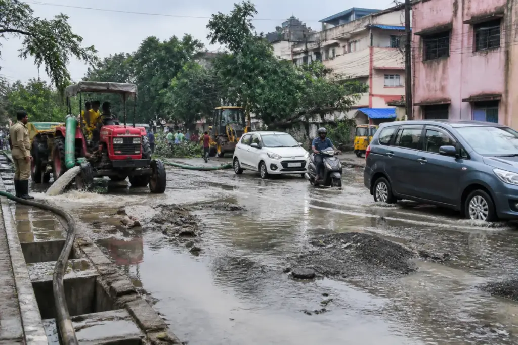 Chennai waterlogging on a city road after overnight rain, with vehicles moving through stagnant water.