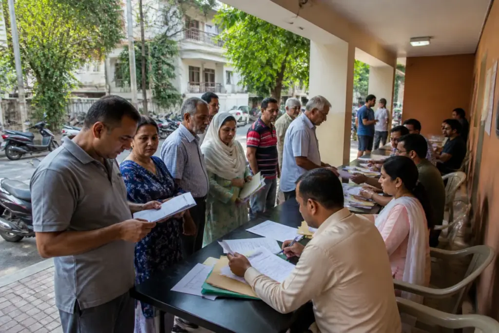 South Delhi voter list camp at a polling booth where residents submit correction forms