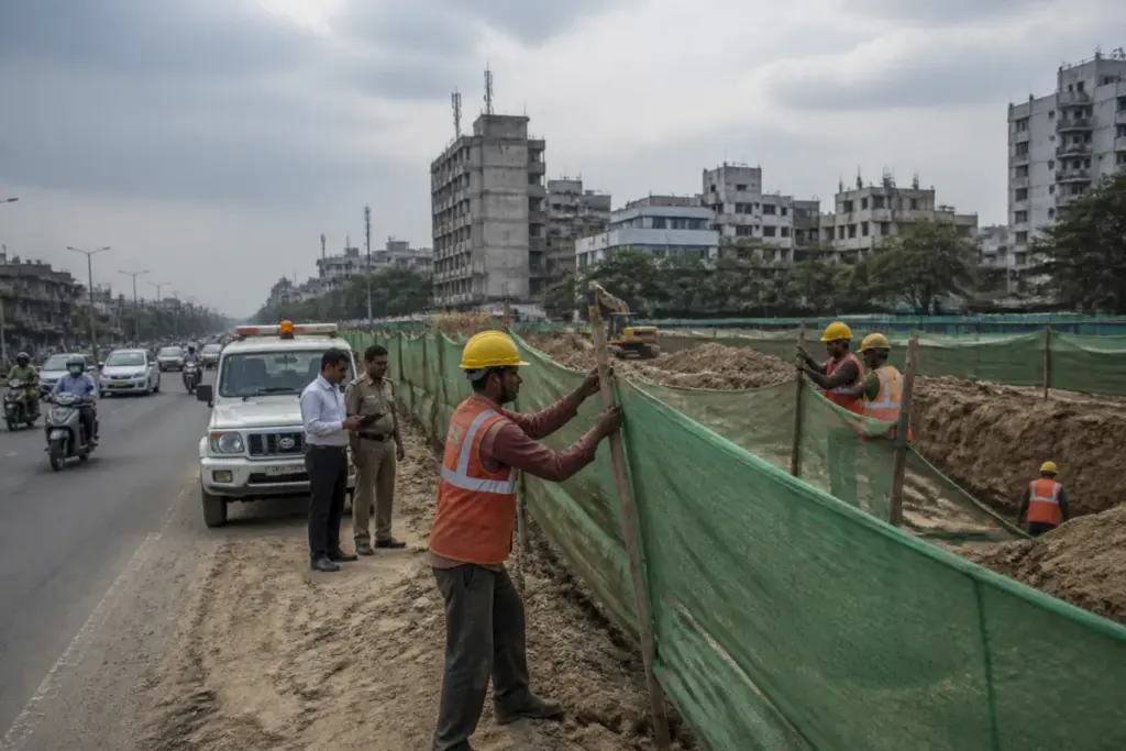 CAQM Delhi dust pollution enforcement near a construction site with dust screens and road traffic