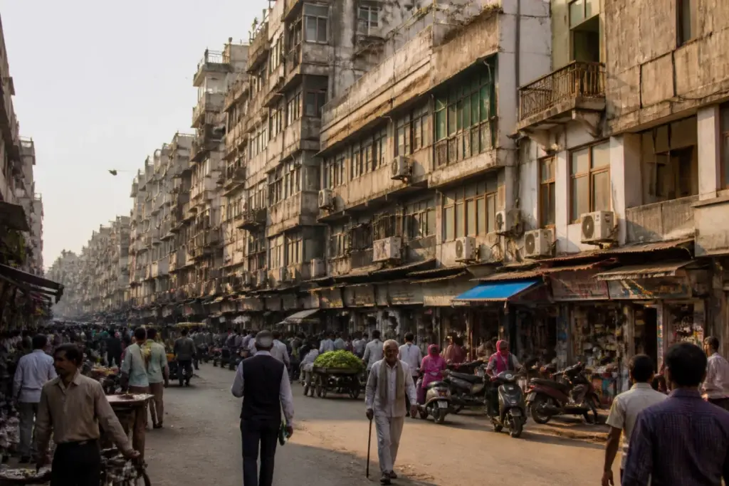Delhi pre-2007 buildings lining a traditional market street with shops and commercial activity