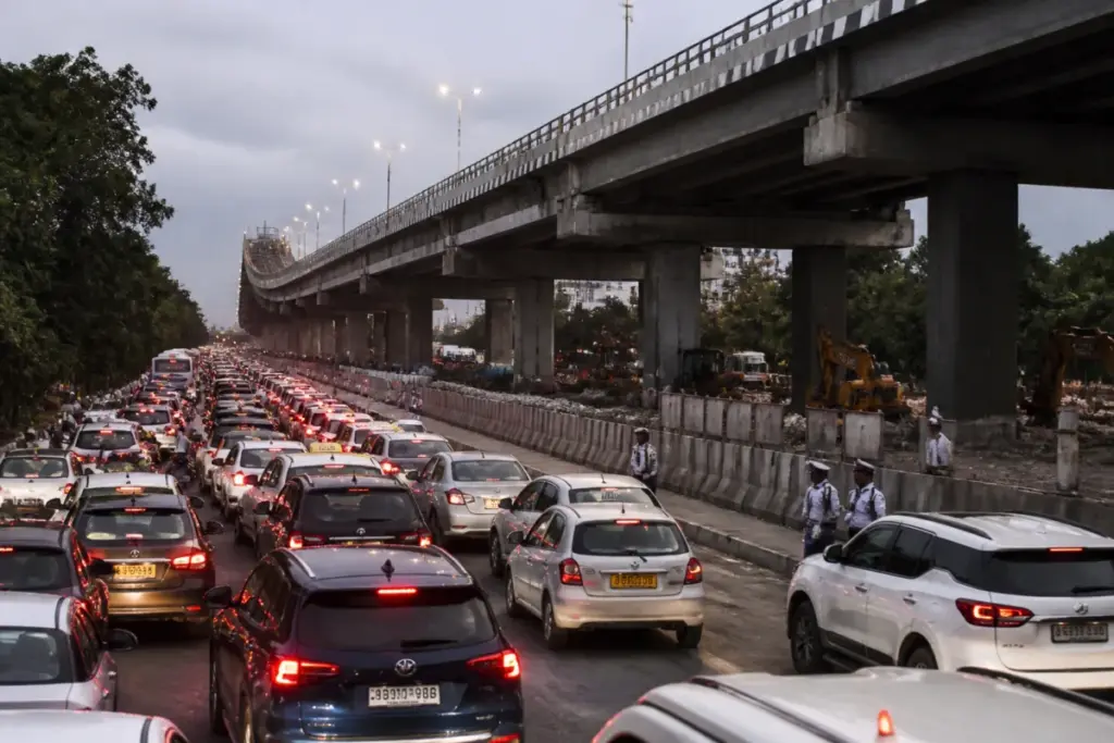 Delhi RTR flyover closure causing diverted traffic near Vasant Vihar