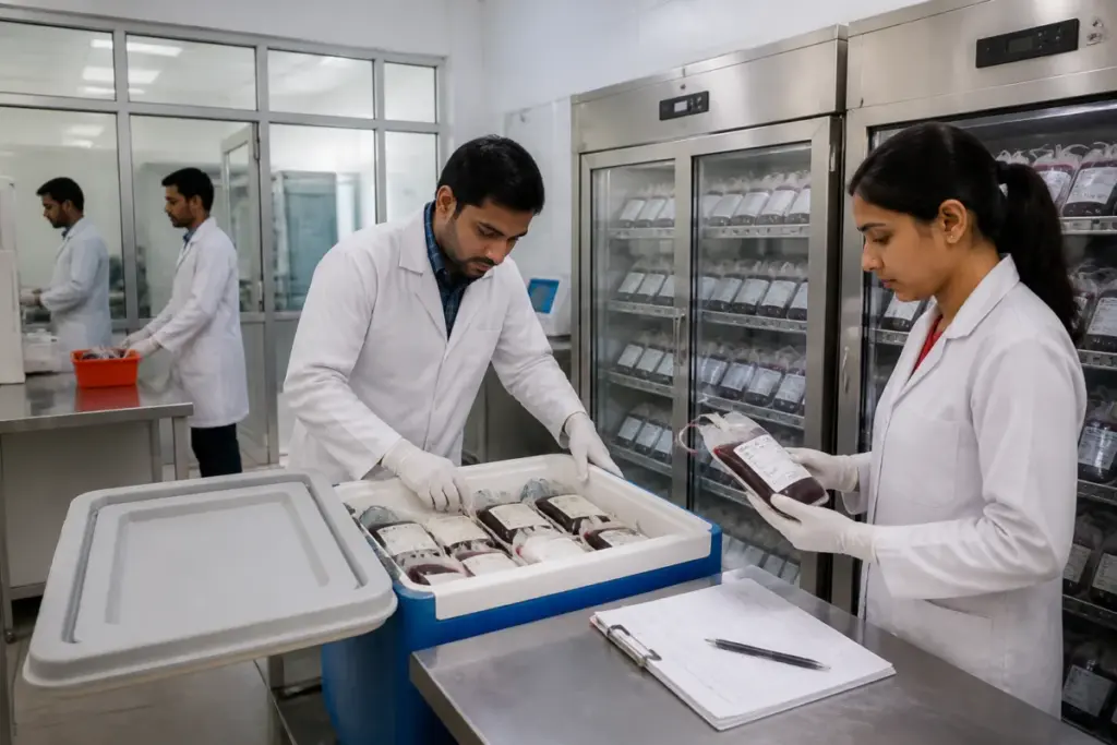 Blood safety checks at a hospital blood bank handling transfusion units