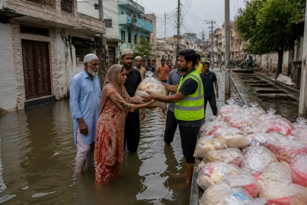 Lucknow flood relief workers distributing ration kits to affected families in Faizullaganj.