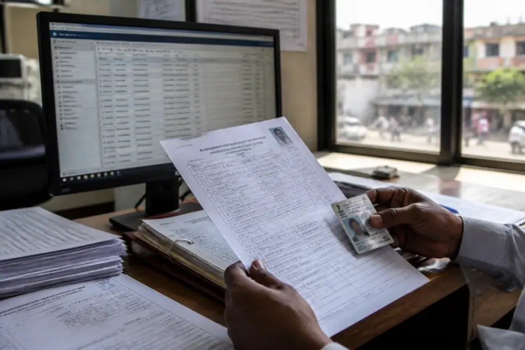 Pilibhit voter roll records and an EPIC voter identity card under scrutiny