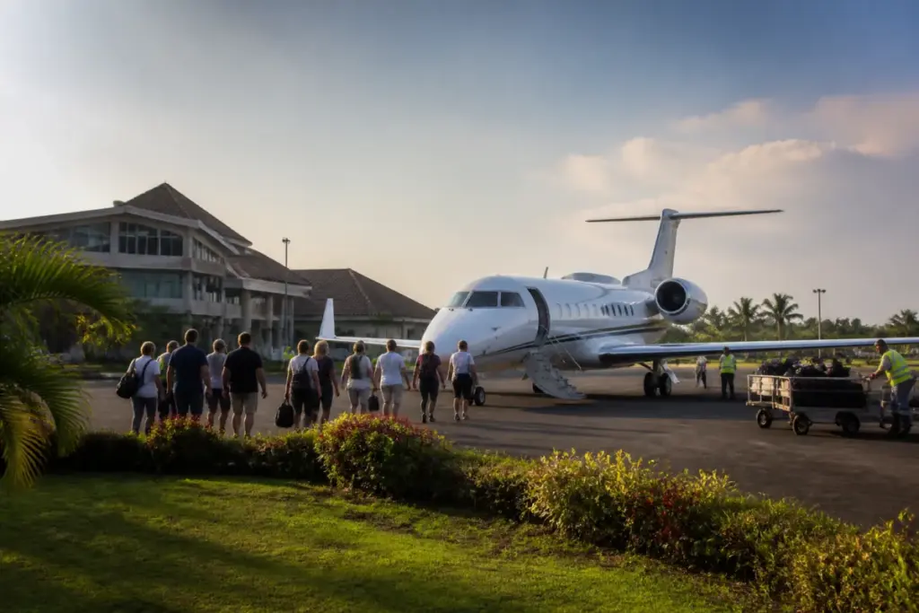 Goa charter flights arriving at an airport terminal during the winter tourism season