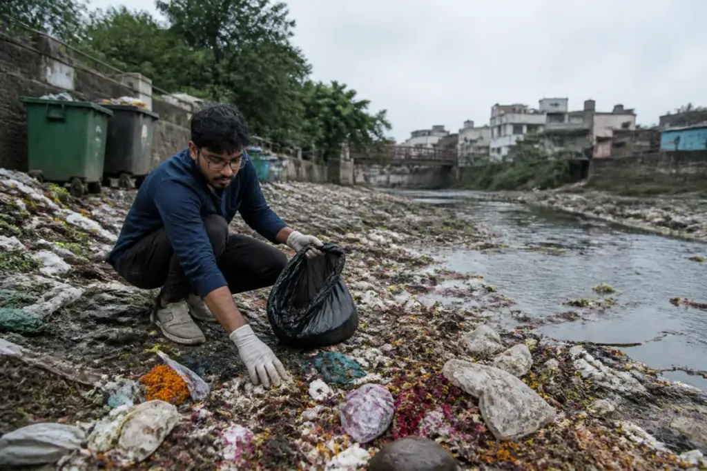 Ajnar river cleanup volunteer removing waste from a polluted riverbank in Biaora
