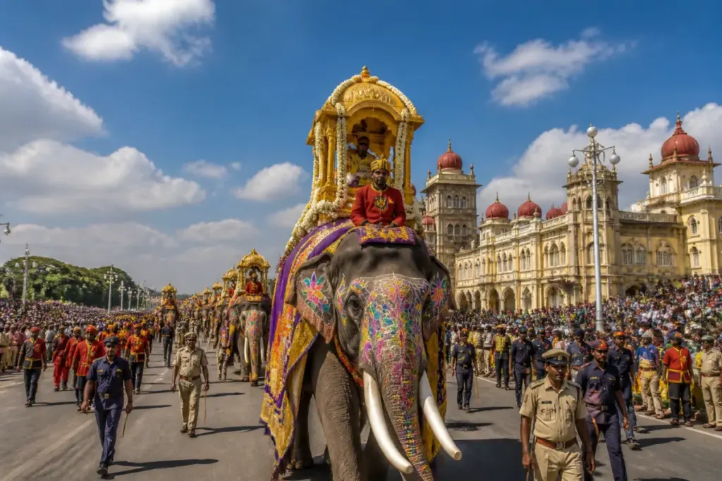 Mysuru Dasara procession with Prashantha elephant carrying the golden howdah