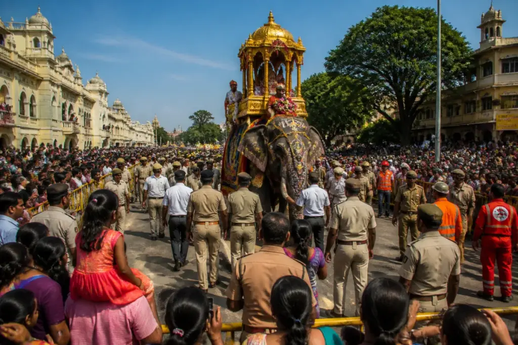 Mysuru Dasara Jamboo Savari procession moving through a dense crowd in Mysuru