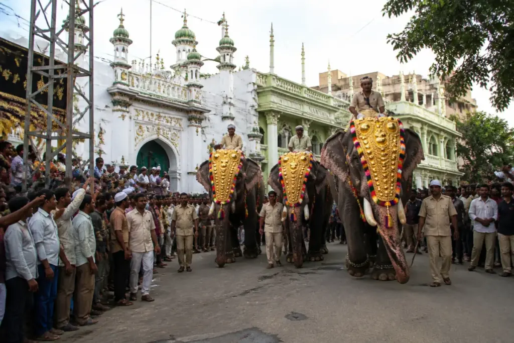 Mysuru Dasara elephants arriving at Hazrat Imam Shah Wali Dargah