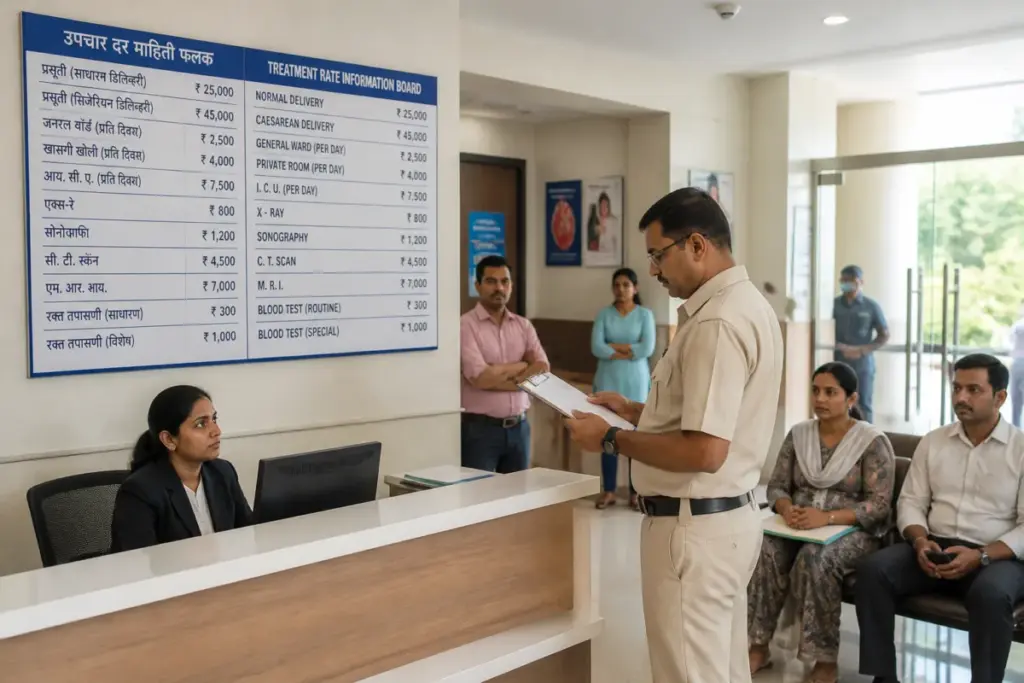 Pune private hospital rates displayed on a bilingual treatment rate board in a hospital reception area