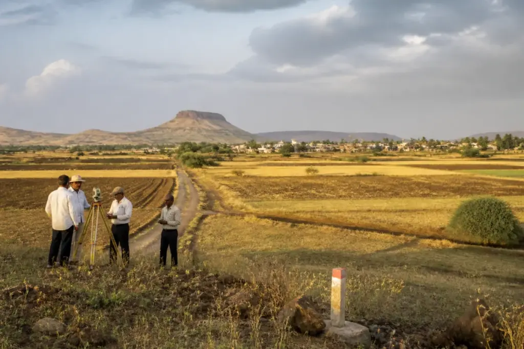 Purandar airport land acquisition site near Pune, with farmland and infrastructure survey activity