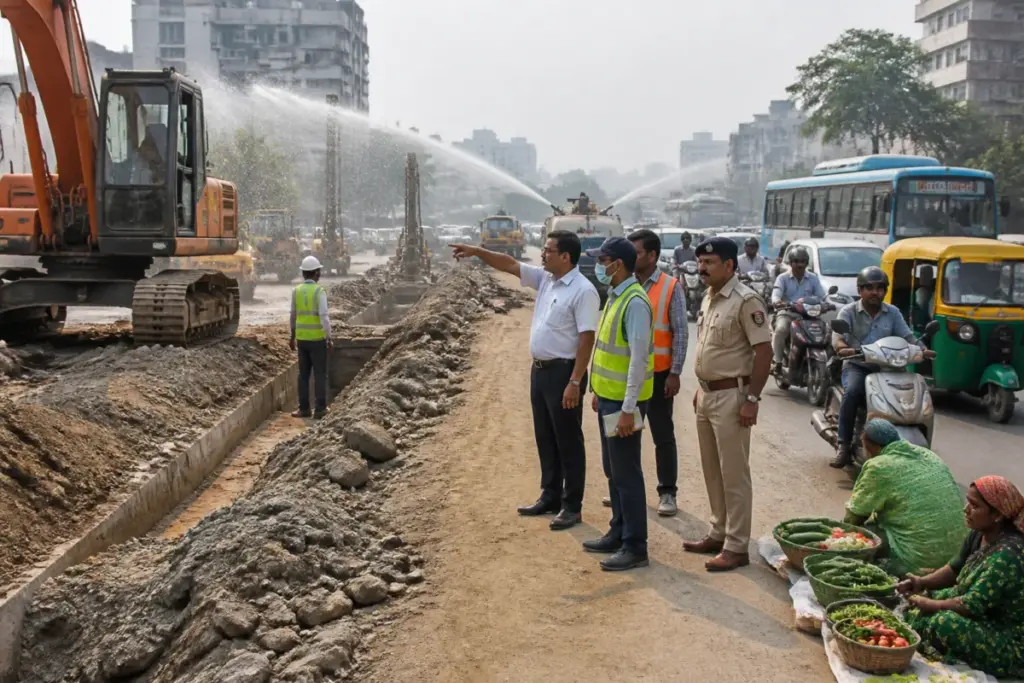 Ahmedabad air pollution near a construction site with traffic and roadside vendors