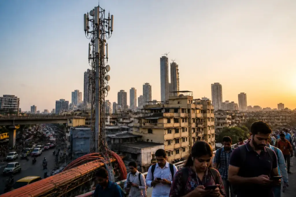 Jio Platforms IPO story featuring a telecom tower and Indian city connectivity infrastructure