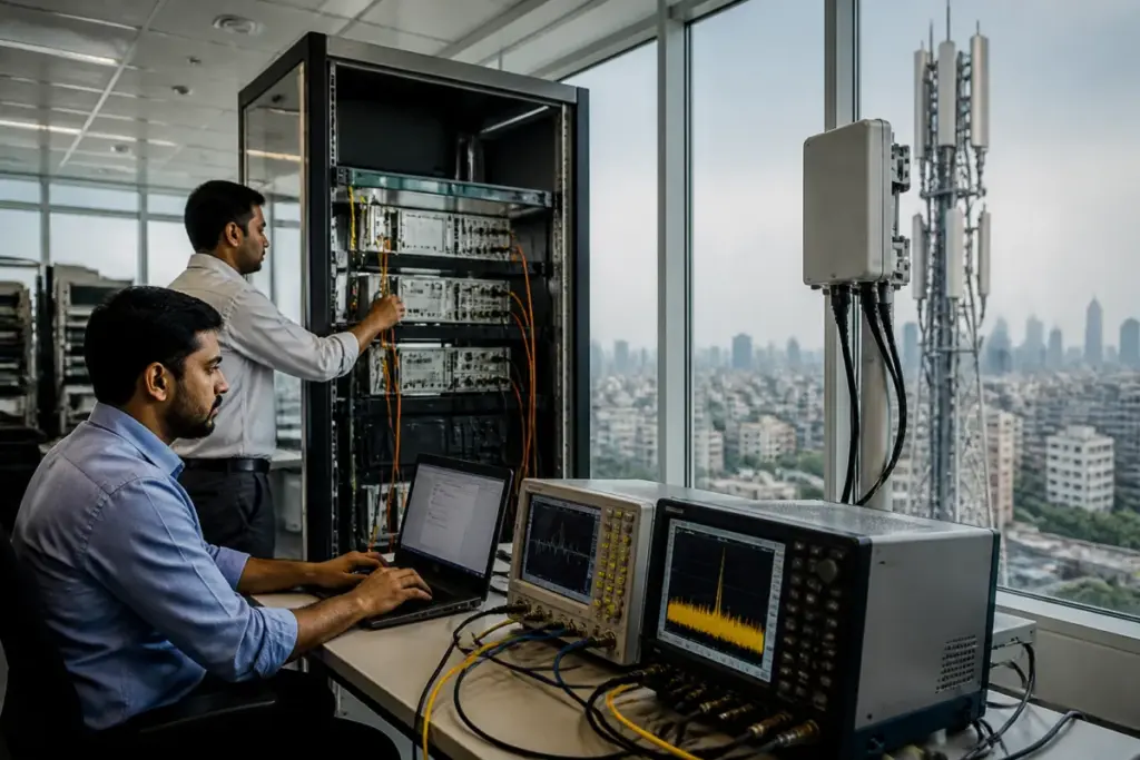 Telecom regulatory sandbox rules shown through a modern Indian mobile network facility and connected city infrastructure.