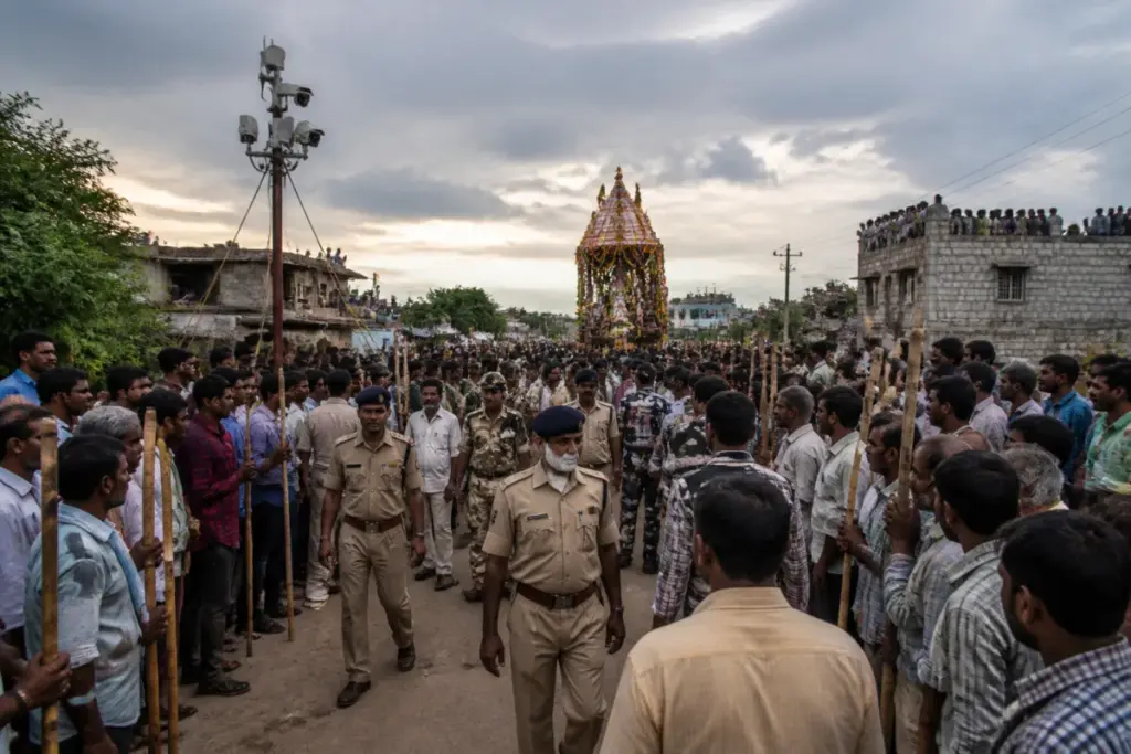 Devaragattu stick fight festival crowd and security personnel in Kurnool