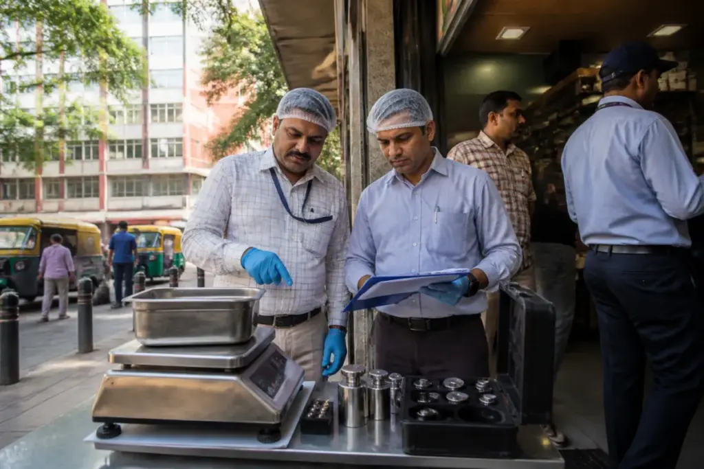 Karnataka private inspection agencies conducting a safety check at an urban business