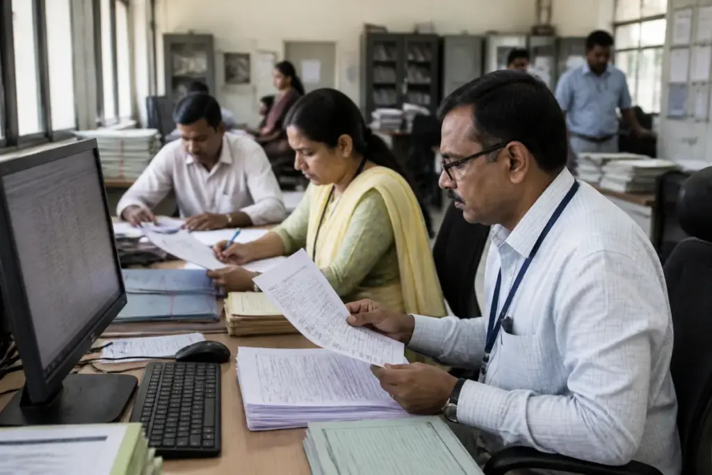 Karnataka electoral roll documents and voter verification forms at an election office
