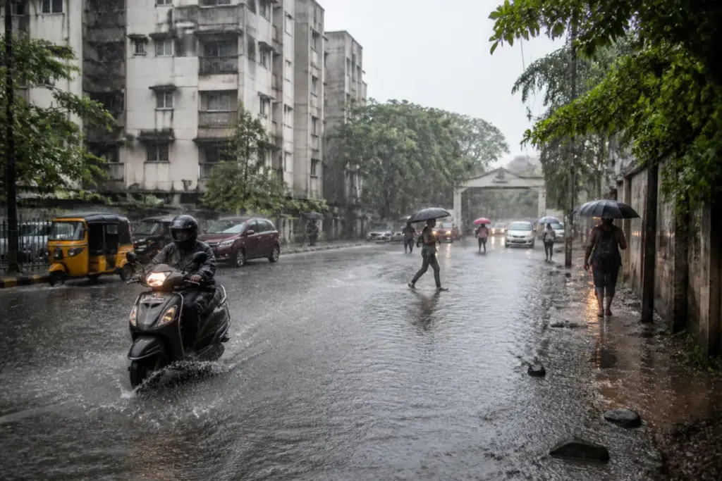 Tamil Nadu heavy rainfall flooding a Chennai neighbourhood street under dark monsoon clouds