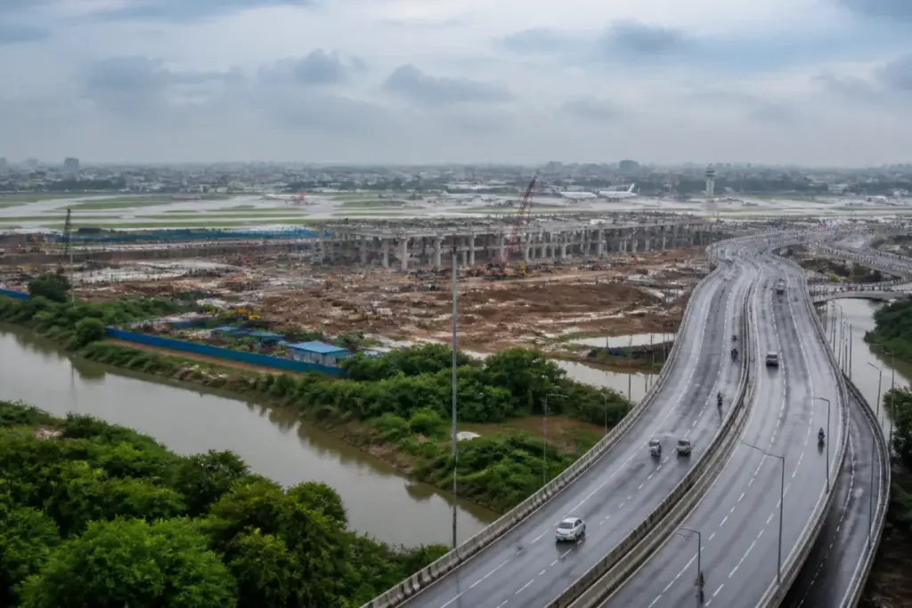 Chennai airport Terminal 5 expansion site with roads and transport links under study