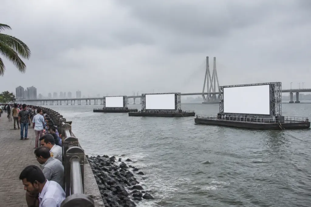 Mumbai floating billboards proposed near a coastal jetty and open seafront