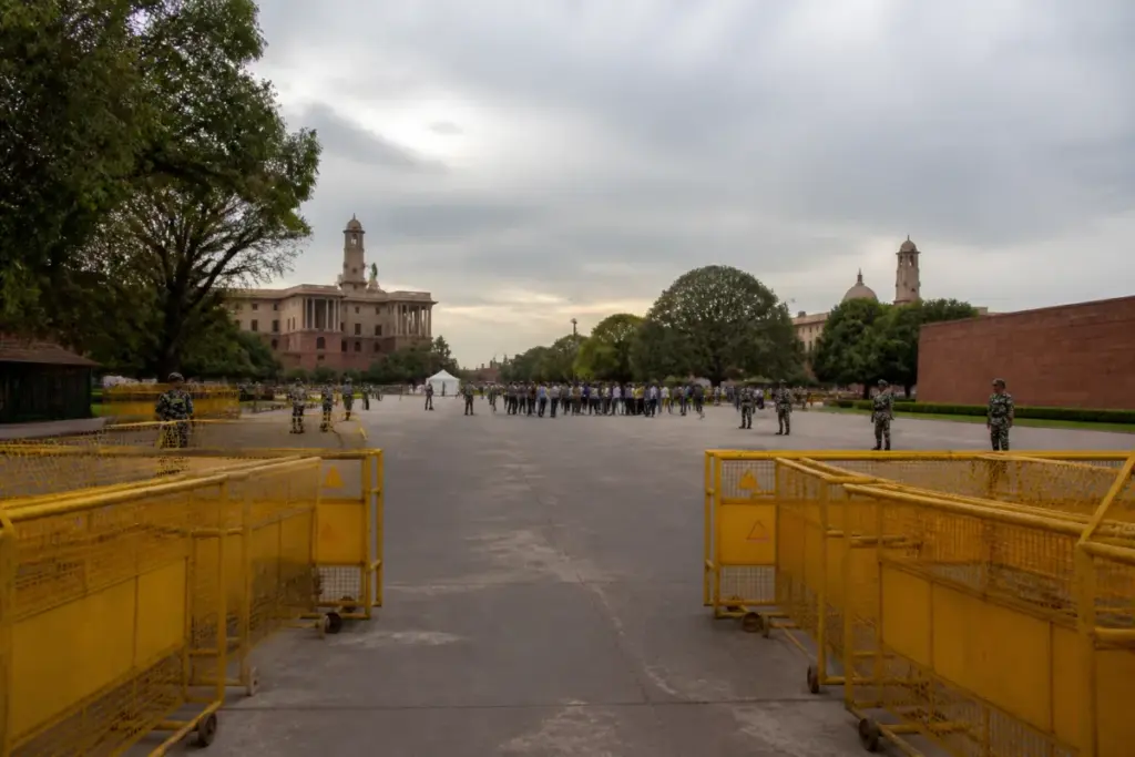 Jantar Mantar protest site in Delhi behind police barricades during a public demonstration.