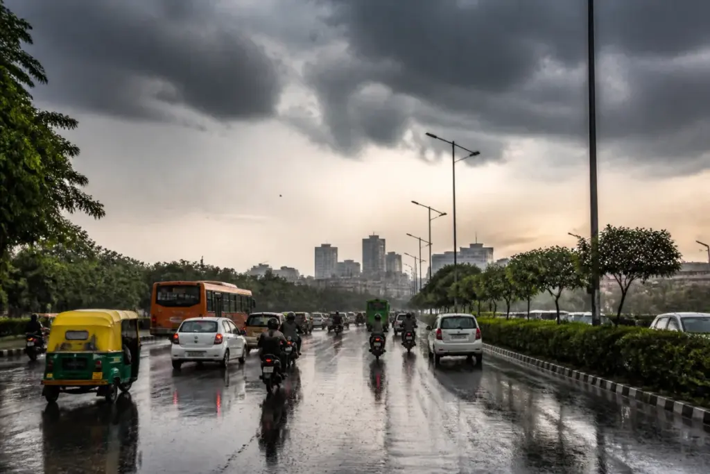 Delhi-NCR weather forecast showing rain clouds over an urban road