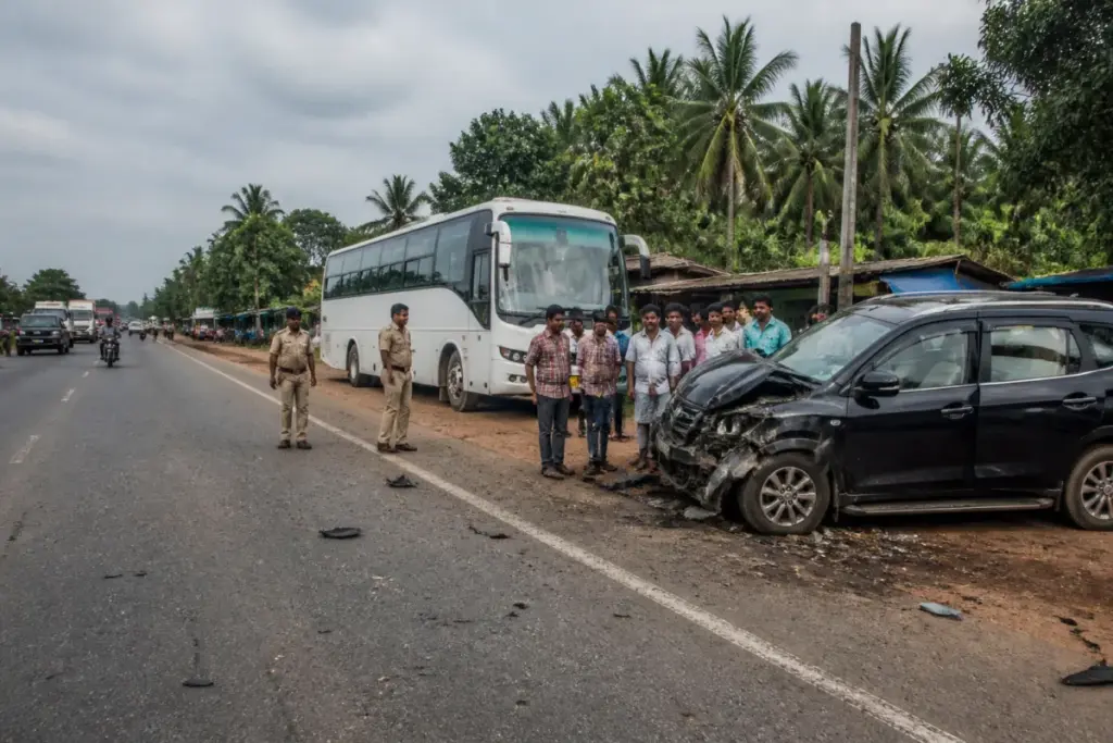 Emergency response at a roadside accident scene near Kakinada after a Scorpio hit devotees