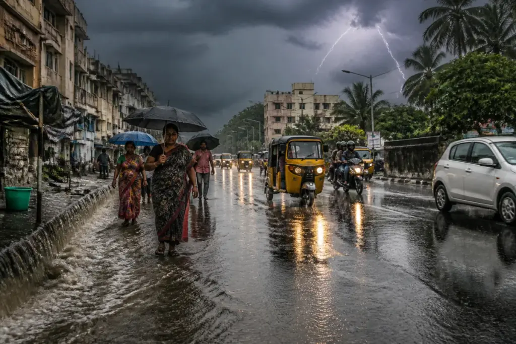 Tamil Nadu orange alert as heavy rain clouds gather over an urban street