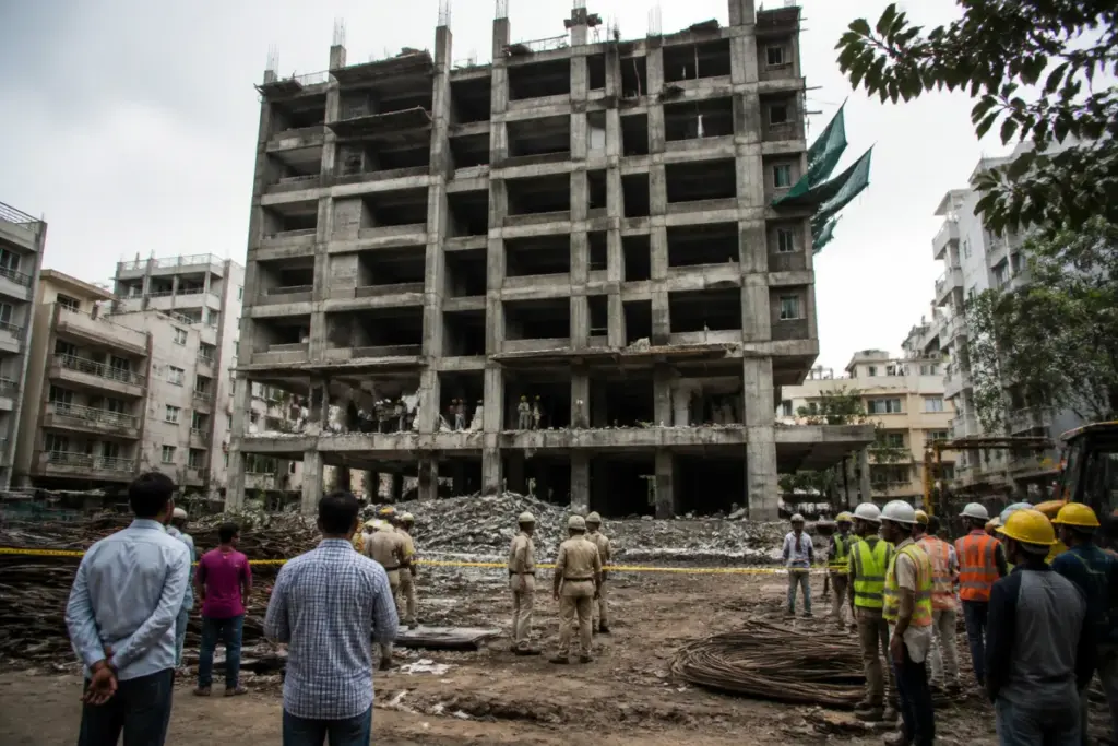 Police investigation at a Bengaluru construction site after a suspected blast injured two workers