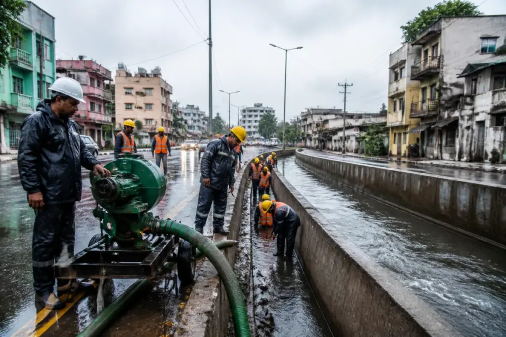 Chennai monsoon works at a storm-water drain near a city road during rainfall