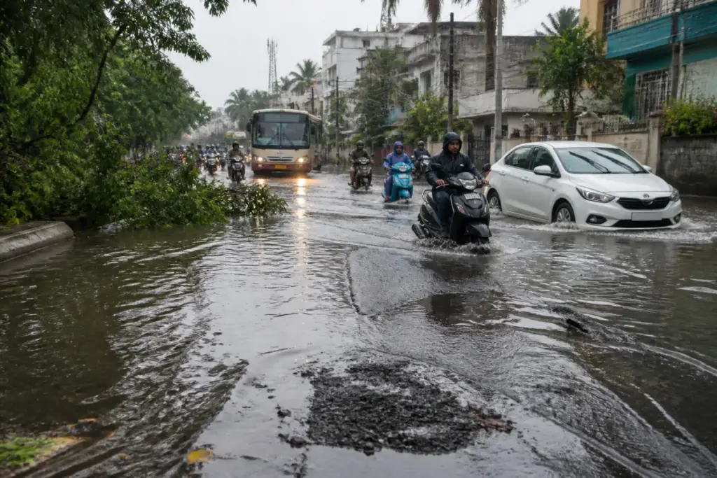 Chennai rain leaves a waterlogged city road beside damaged streets and fallen trees