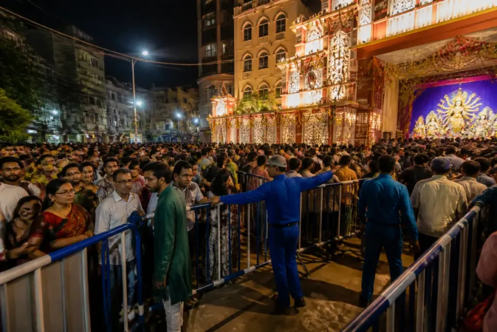 Crowd safety arrangements at a busy puja venue after the Chorbagan stampede in West Bengal