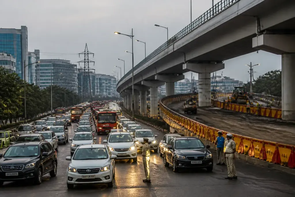 Noida elevated road pothole area closed for repair with traffic moving through a diversion