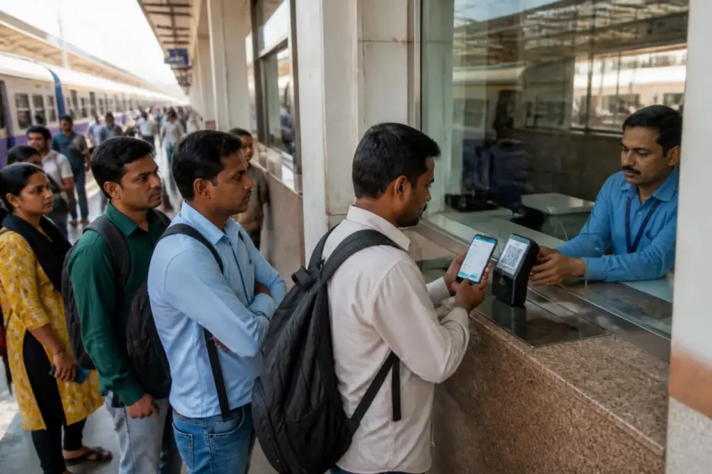 Online railway ticket booking and QR payment signs at a Faridabad railway counter