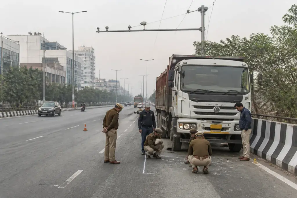 Delhi hit-and-run site on the Outer Ring Road near IP Park, with police investigating a fatal crash.