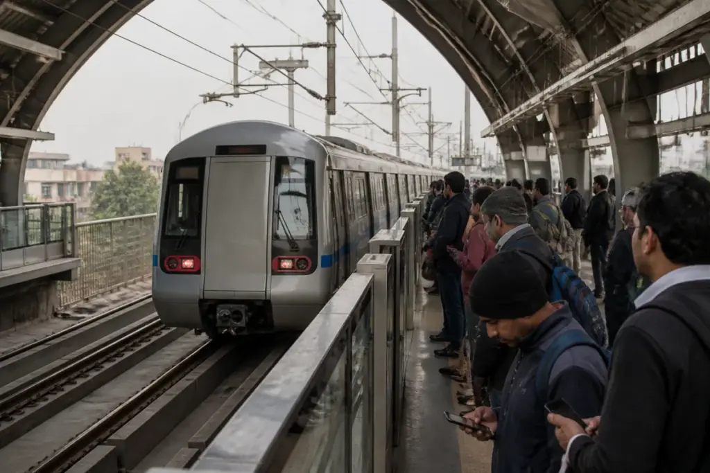 Delhi Metro Blue Line train during a signalling-related service delay