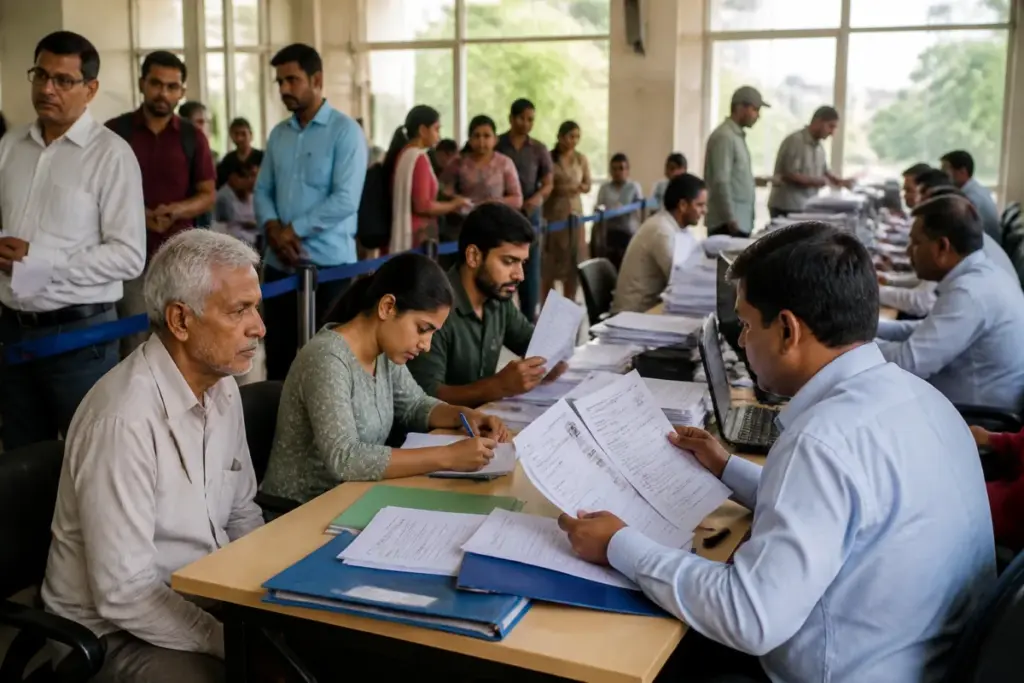 Delhi voter list revision notice and citizens applying for voter registration at a public office
