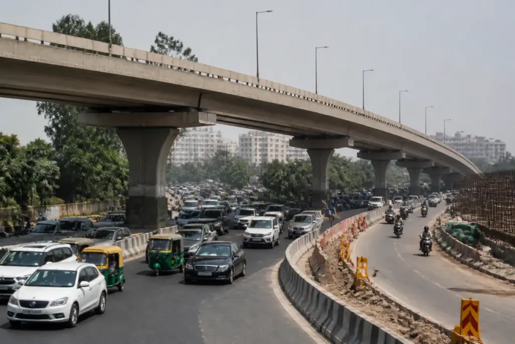 Savitri Cinema Flyover on Delhi's Outer Ring Road with traffic moving beneath the structure.