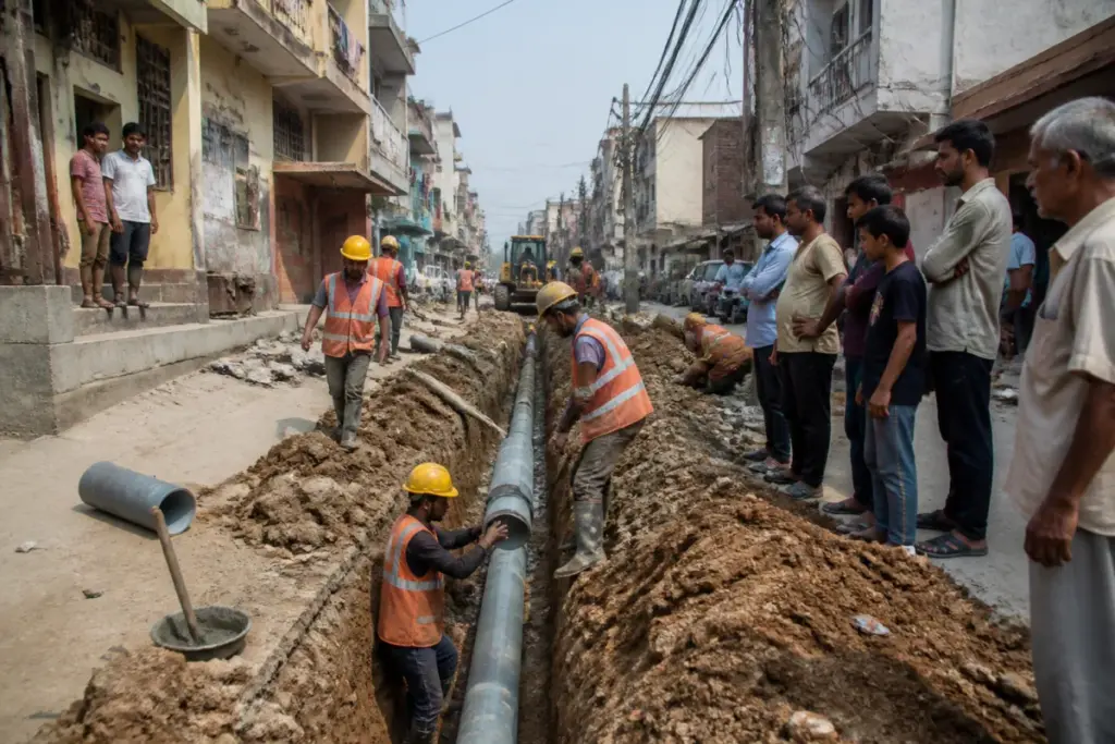 Delhi Jal Board pipeline replacement work in a Badarpur residential colony