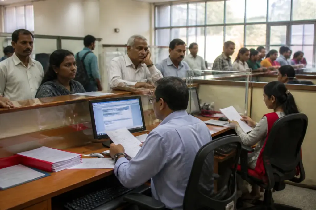 Bengaluru postal insurance services notice at a city post office counter