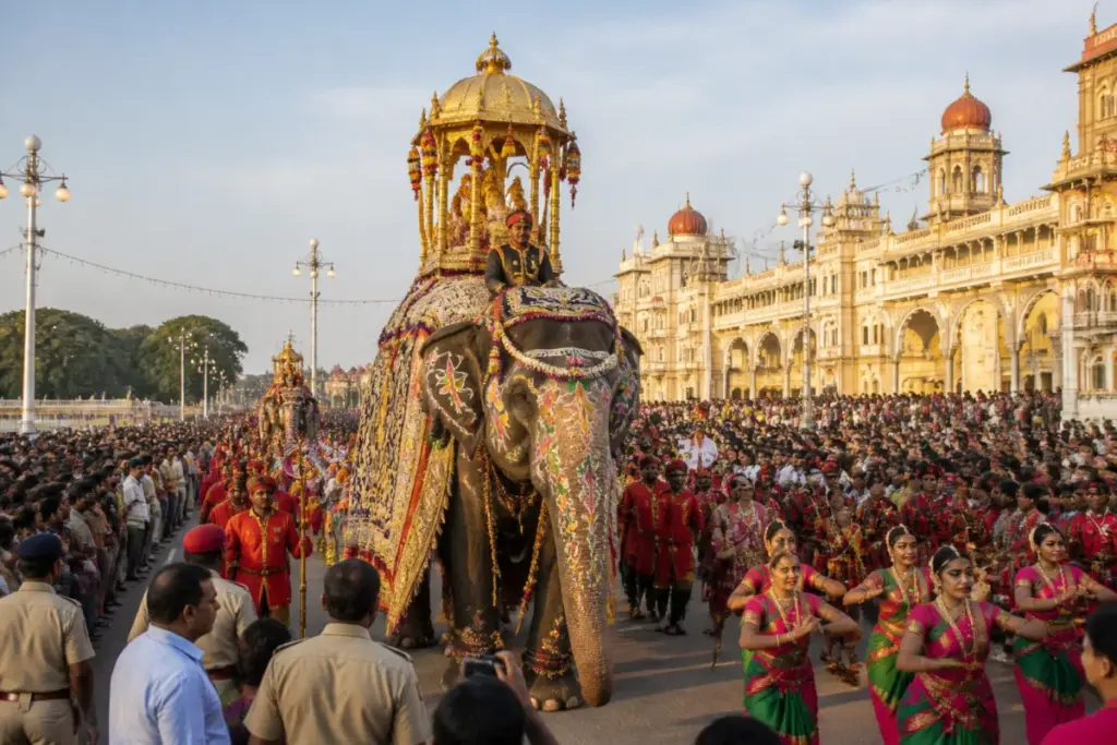 Mysuru Dasara procession with elephant Prashantha carrying the golden howdah