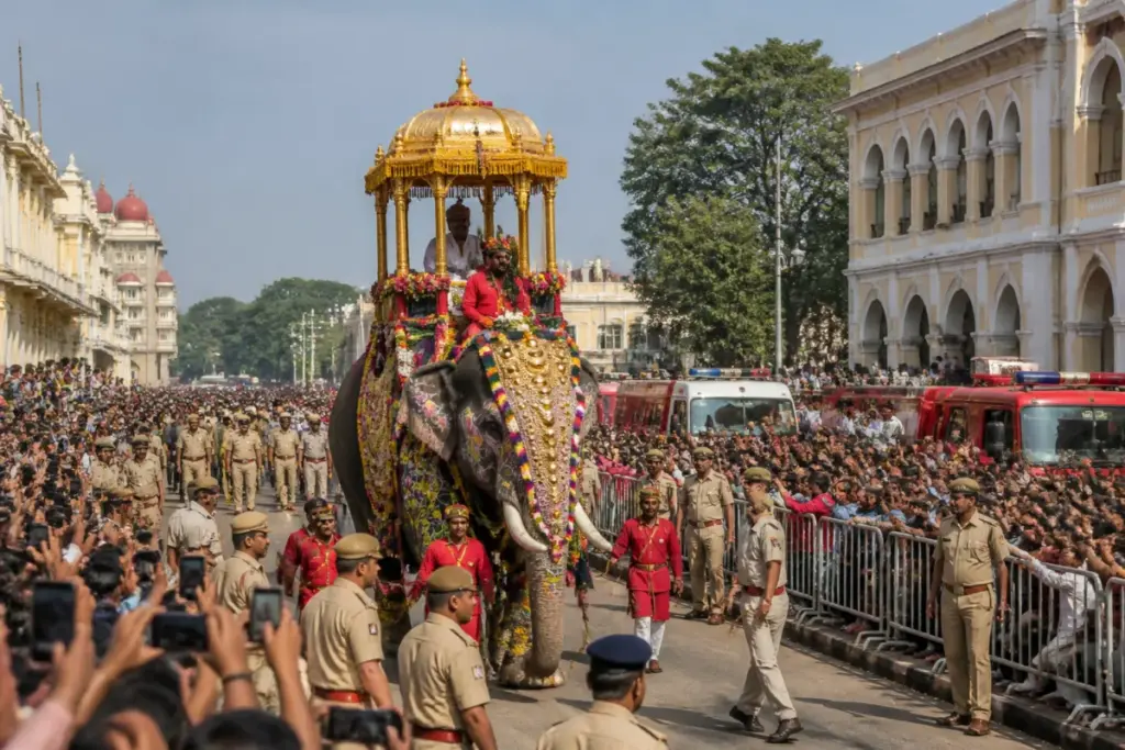Mysuru Dasara Jamboo Savari procession moving through a crowded city street